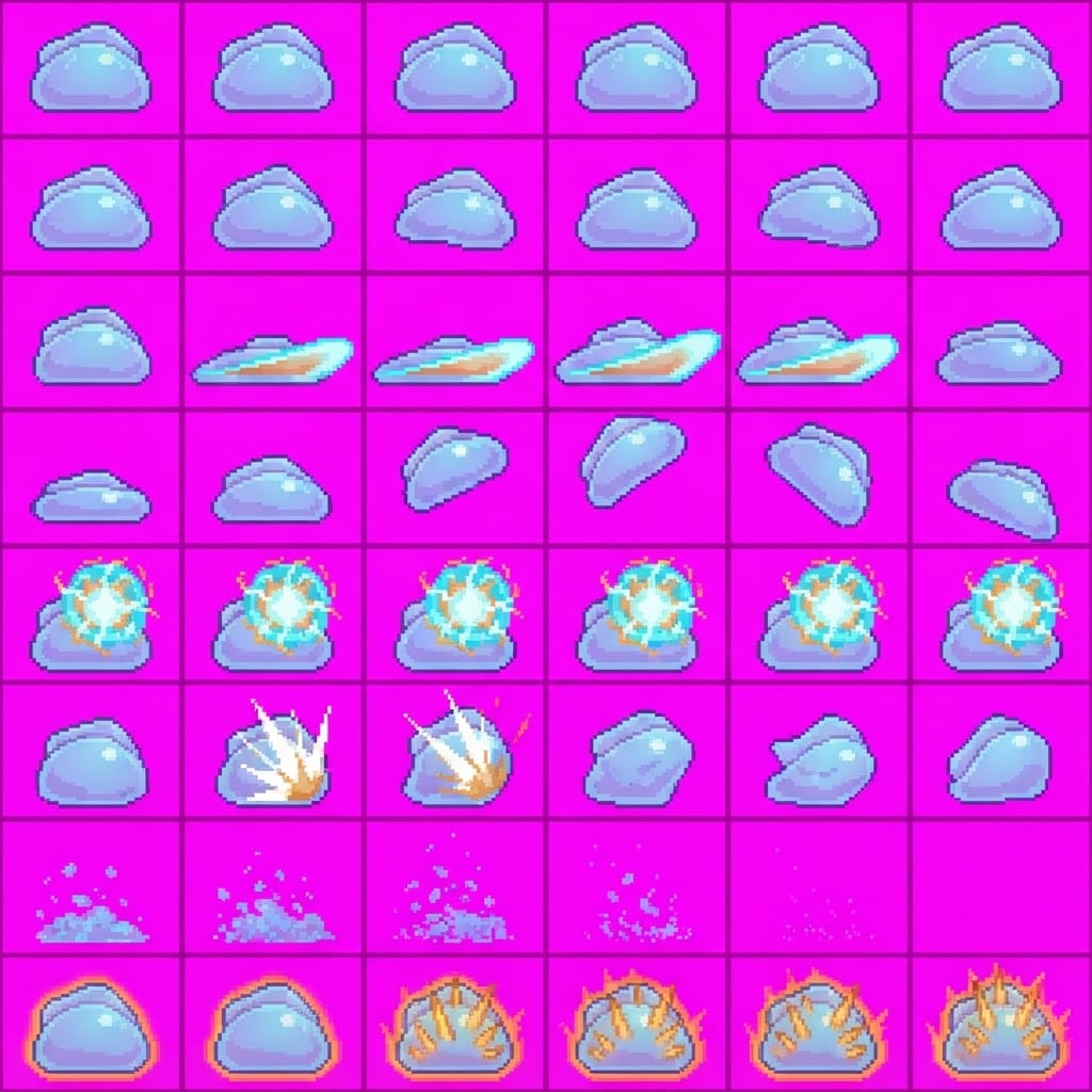 Image: STRICT sprite atlas EXACTLY 8 rows x 6 columns (48