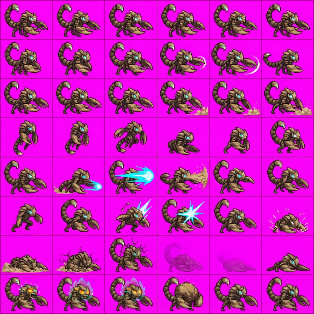 Image: STRICT sprite atlas EXACTLY 8 rows x 6 columns (48