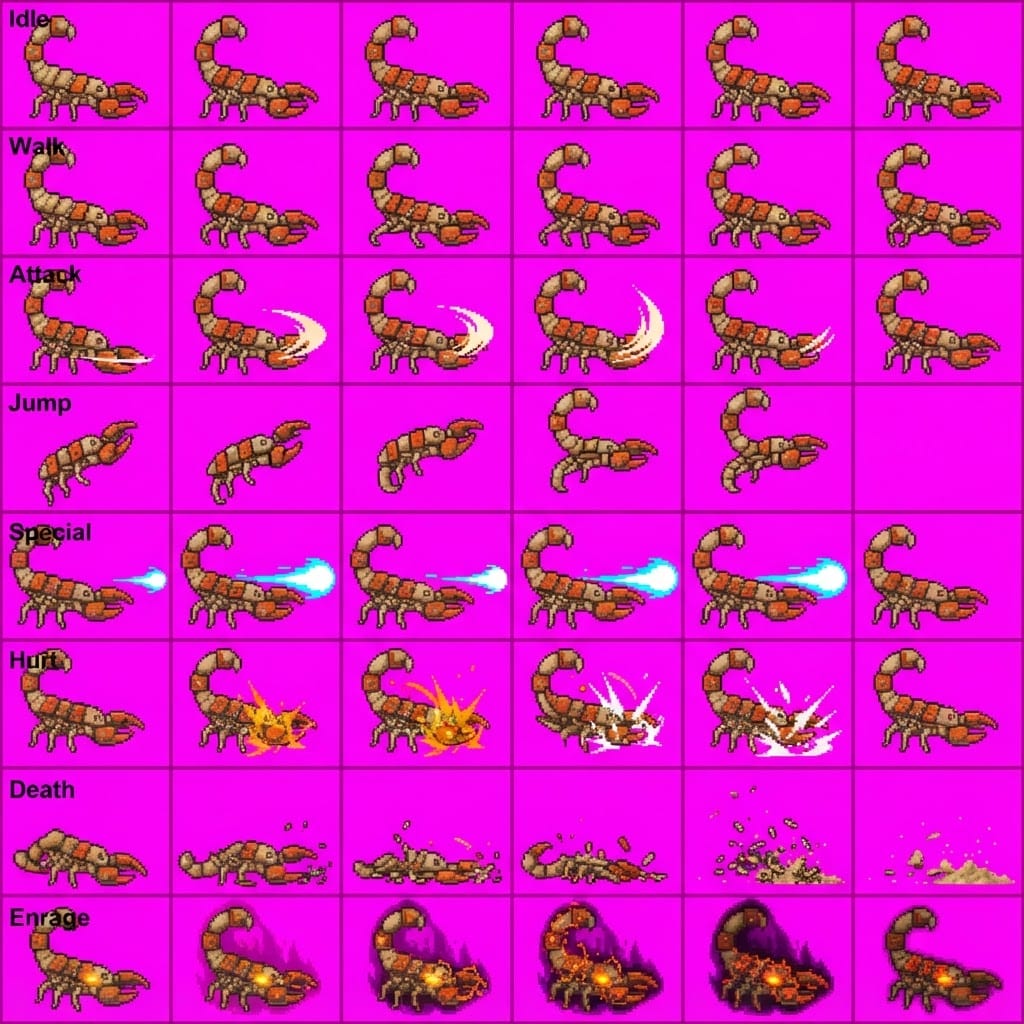 Image: STRICT sprite atlas EXACTLY 8 rows x 6 columns (48
