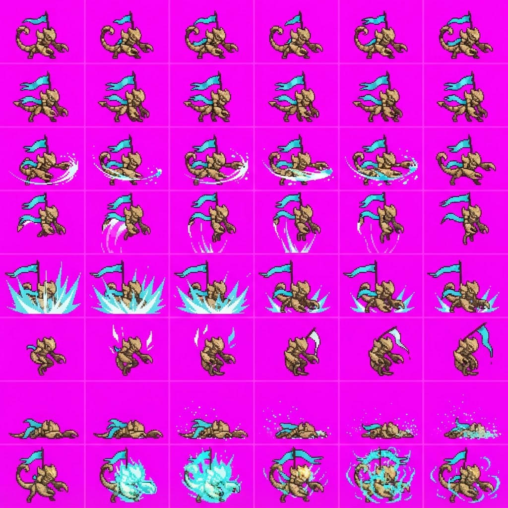 Image: STRICT sprite atlas EXACTLY 8 rows x 6 columns (48