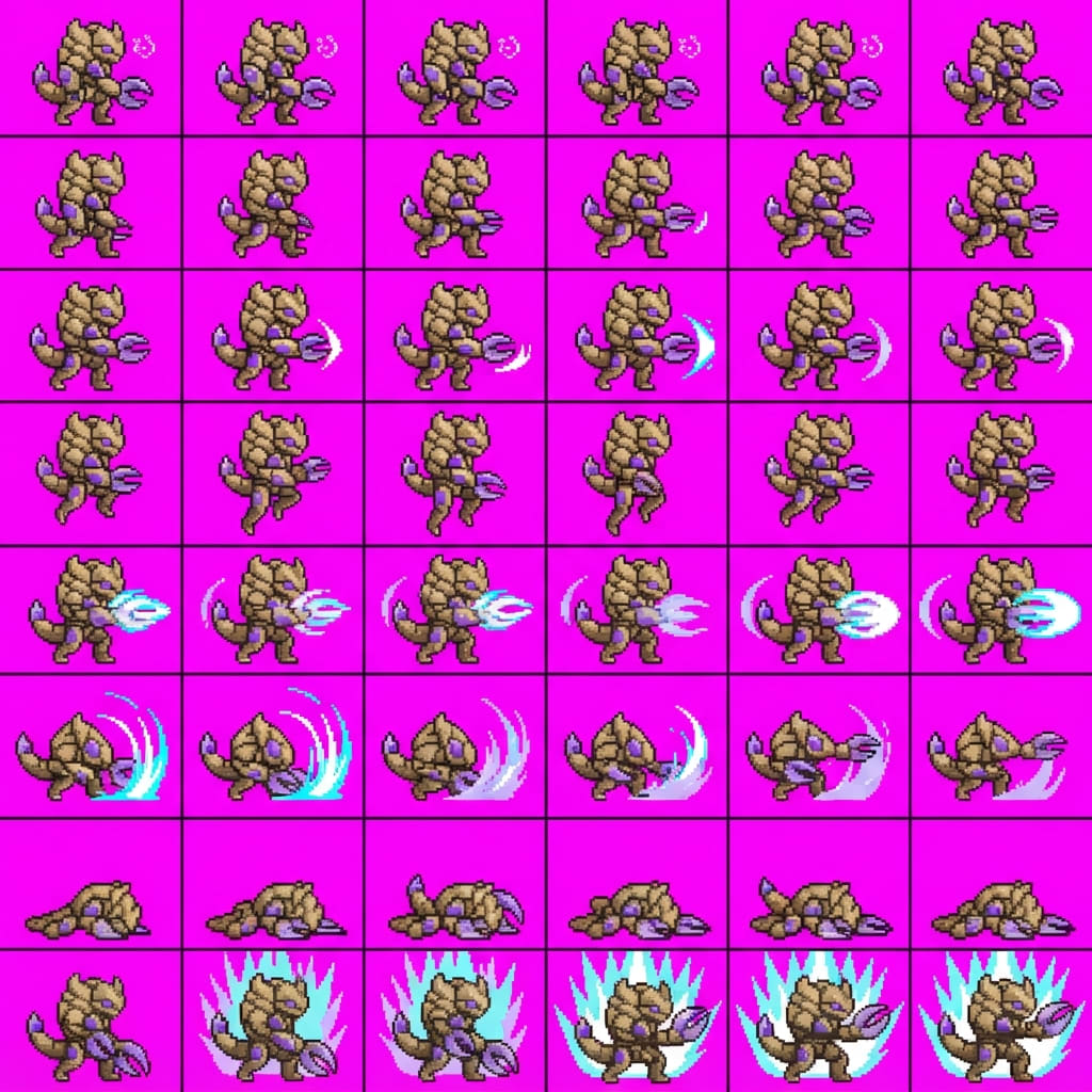 Image: STRICT sprite atlas EXACTLY 8 rows x 6 columns (48