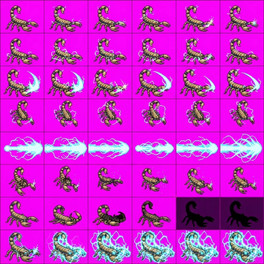 Image: STRICT sprite atlas EXACTLY 8 rows x 6 columns (48