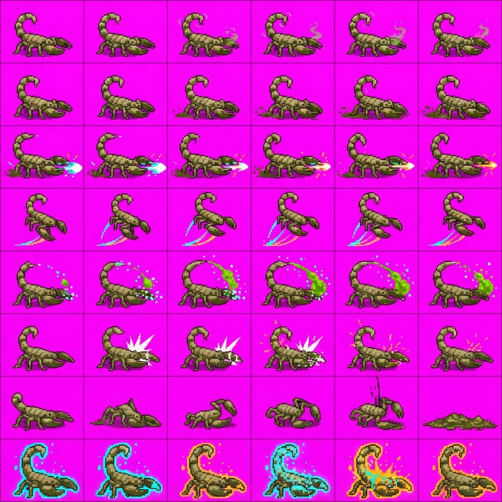Image: STRICT sprite atlas EXACTLY 8 rows x 6 columns (48