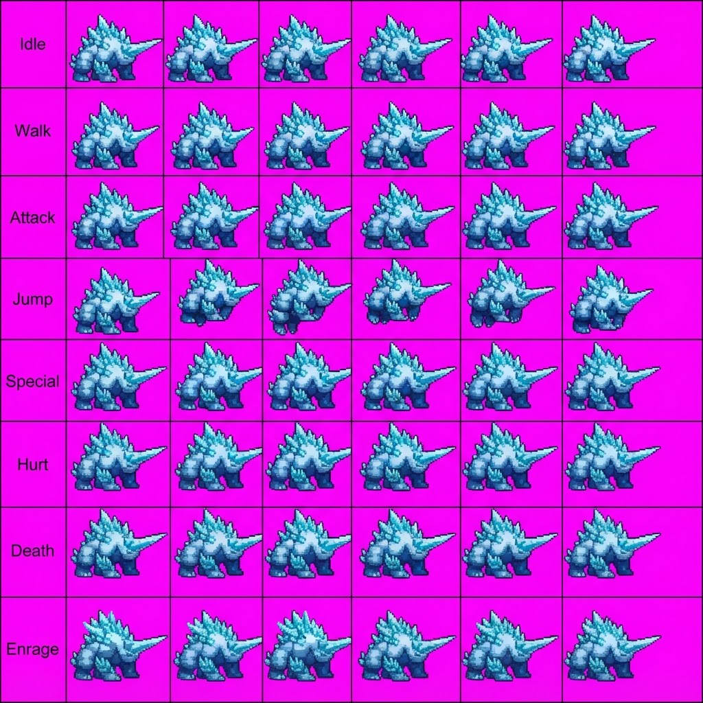 Image: STRICT sprite atlas EXACTLY 8 rows x 6 columns (48