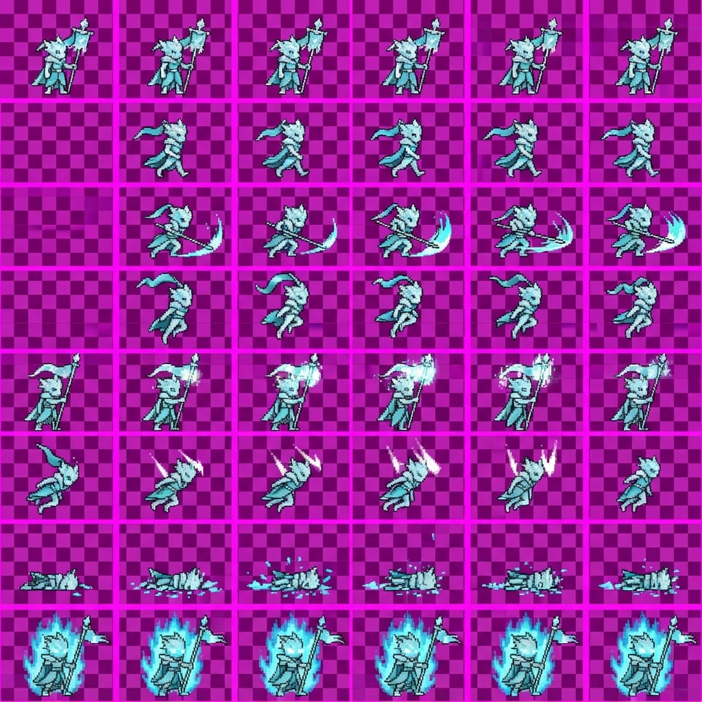 Image: STRICT sprite atlas EXACTLY 8 rows x 6 columns (48