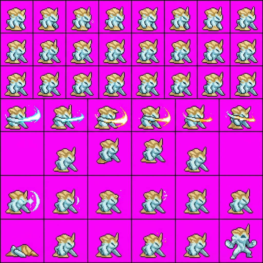 Image: STRICT sprite atlas EXACTLY 8 rows x 6 columns (48