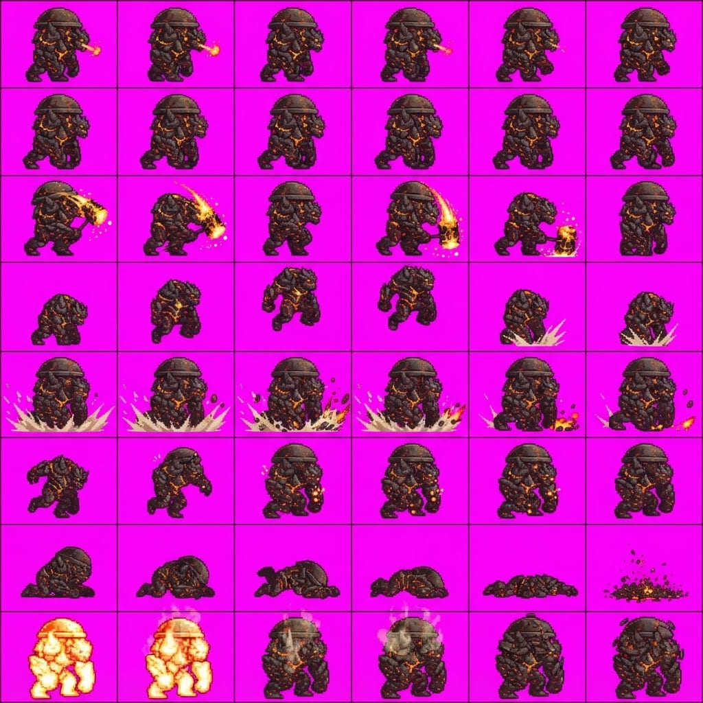Image: STRICT sprite atlas EXACTLY 8 rows x 6 columns (48
