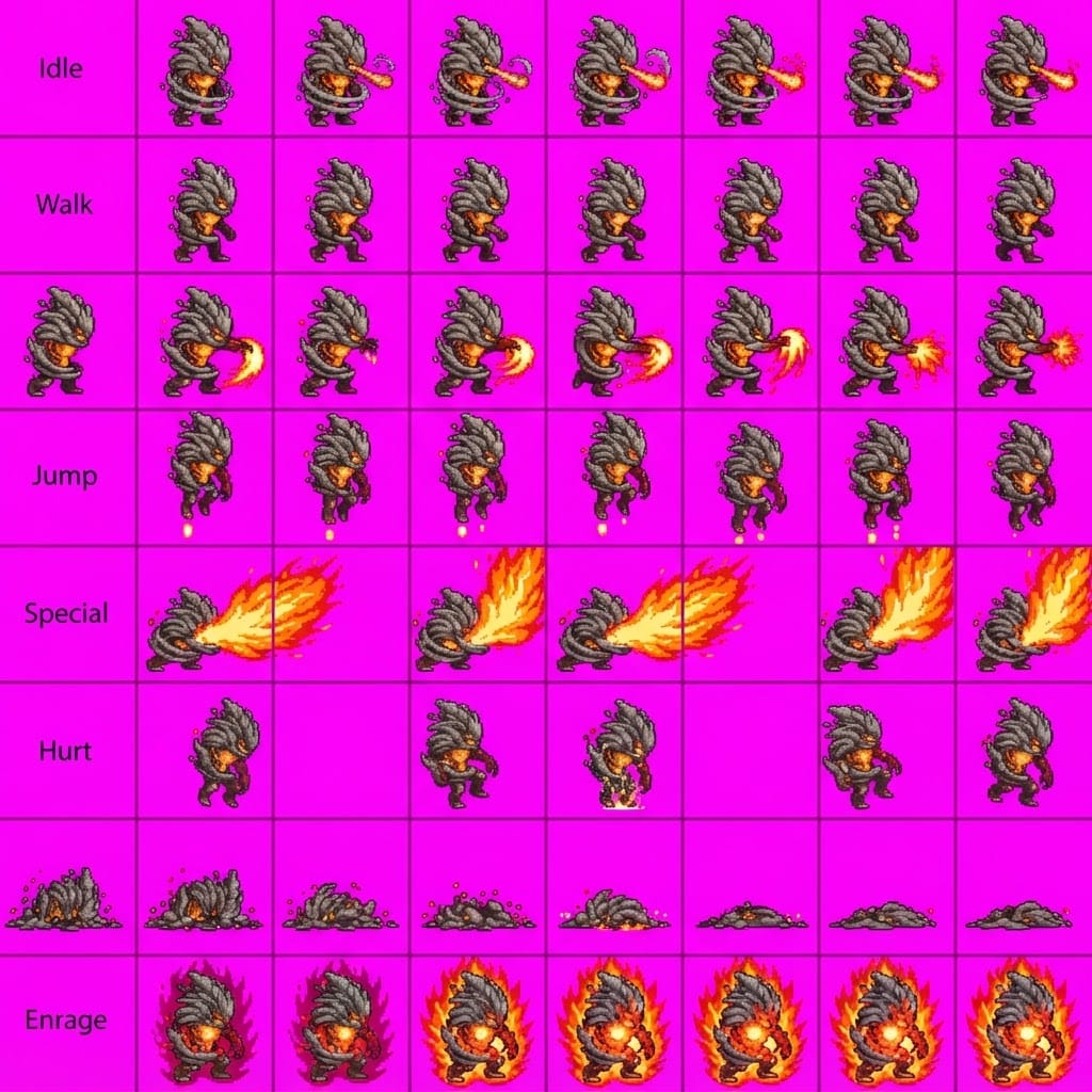 Image: STRICT sprite atlas EXACTLY 8 rows x 6 columns (48