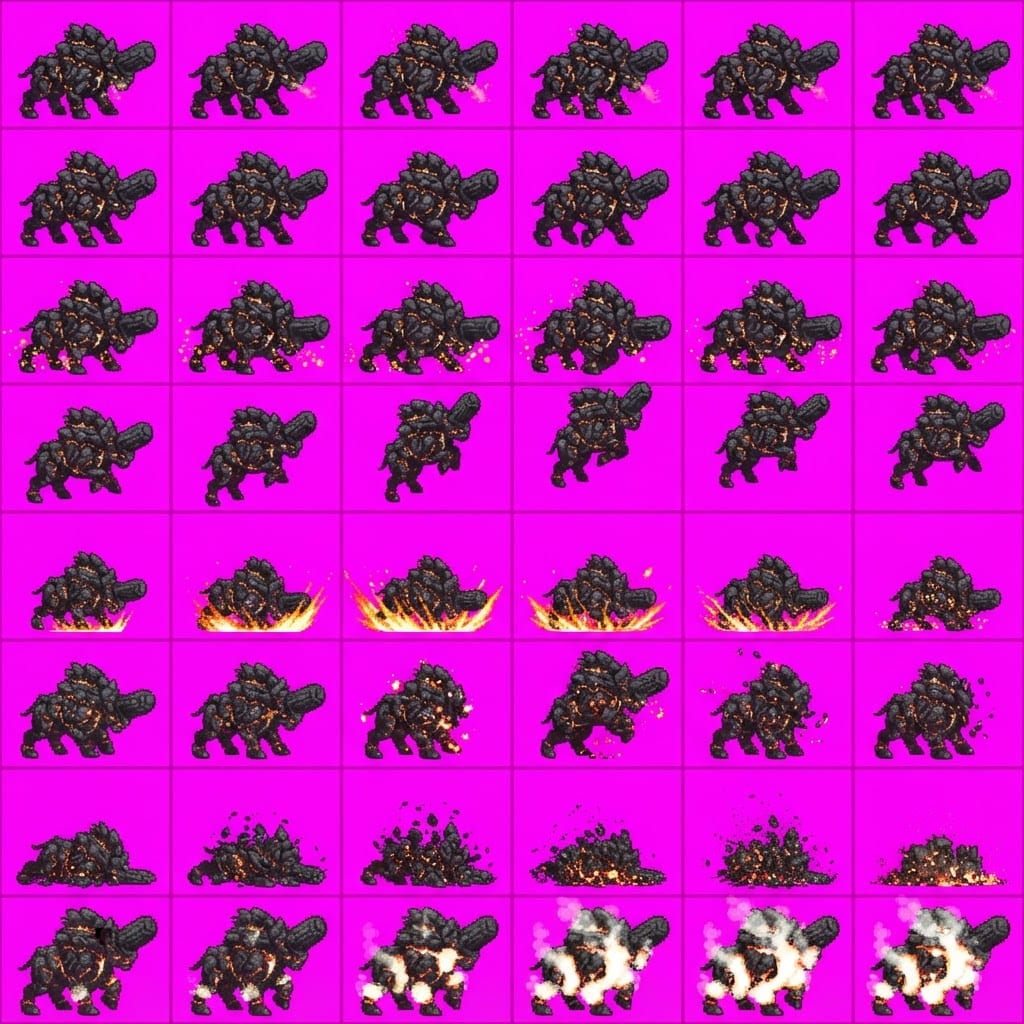 Image: STRICT sprite atlas EXACTLY 8 rows x 6 columns (48