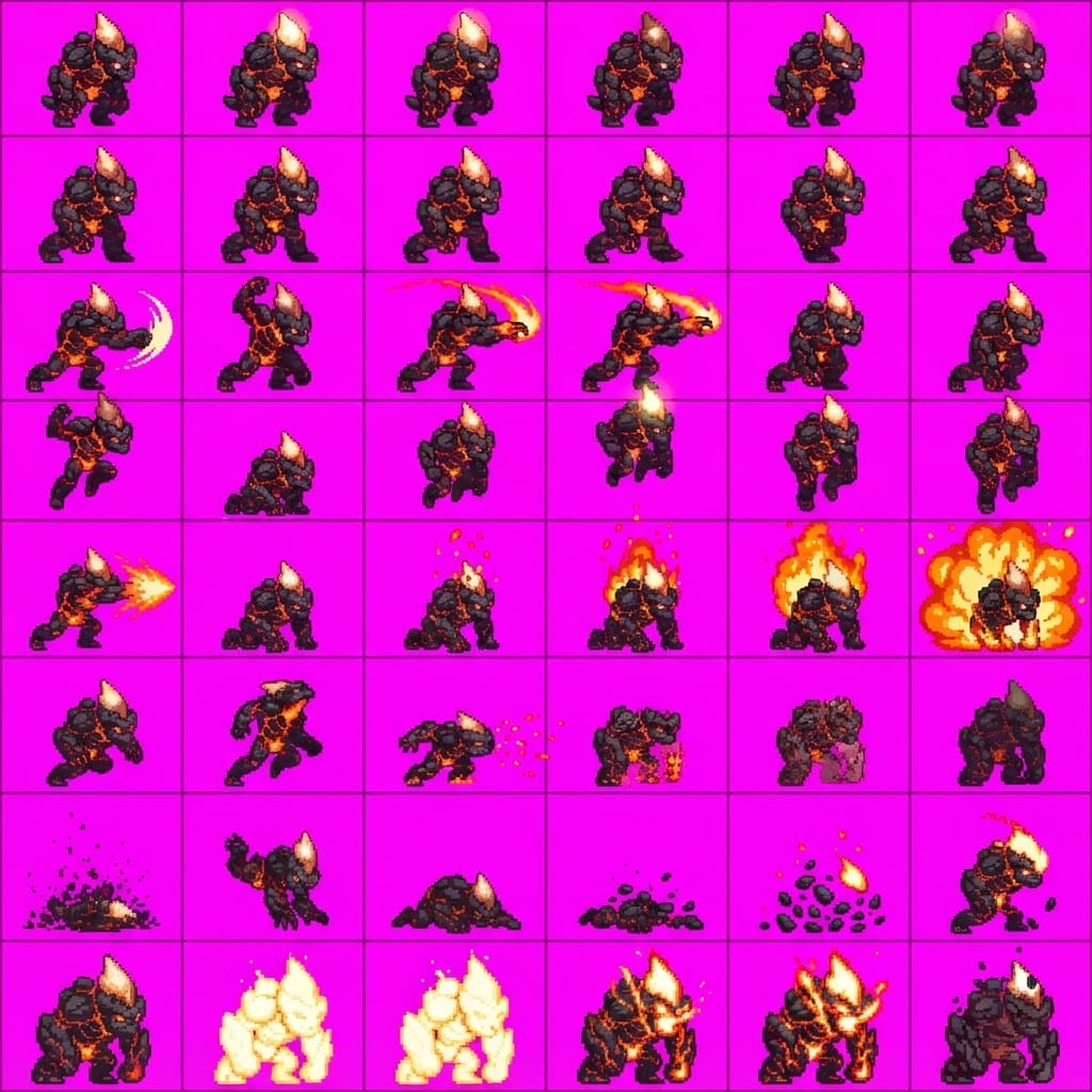 Image: STRICT sprite atlas EXACTLY 8 rows x 6 columns (48