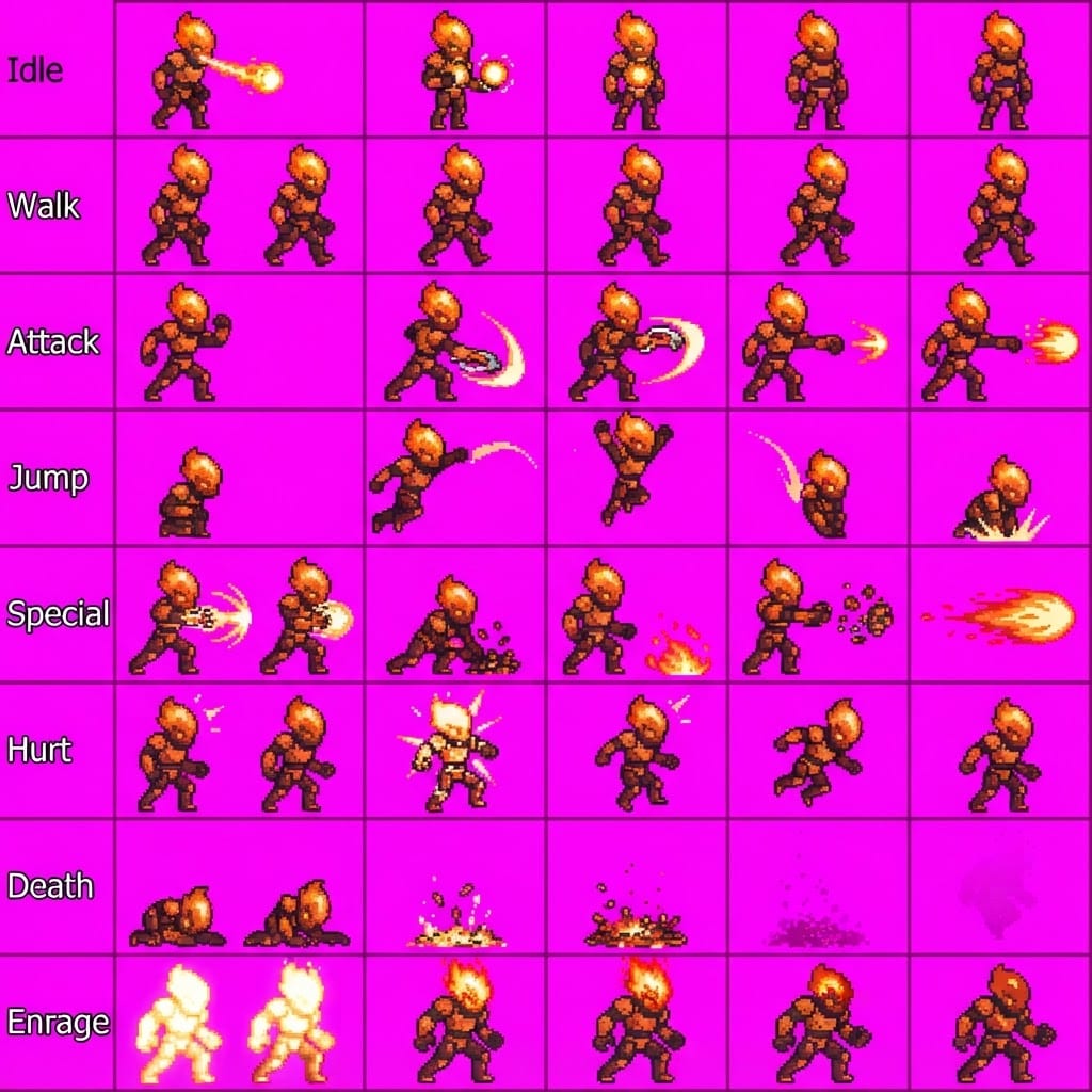 Image: STRICT sprite atlas EXACTLY 8 rows x 6 columns (48