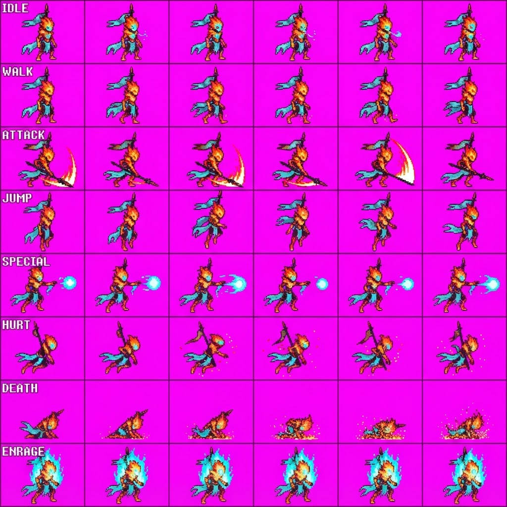 Image: STRICT sprite atlas EXACTLY 8 rows x 6 columns (48