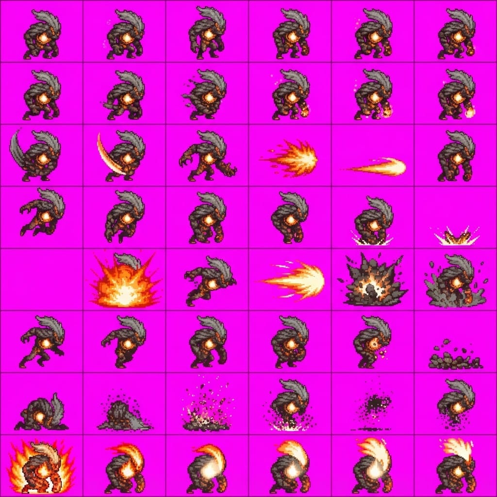 Image: STRICT sprite atlas EXACTLY 8 rows x 6 columns (48