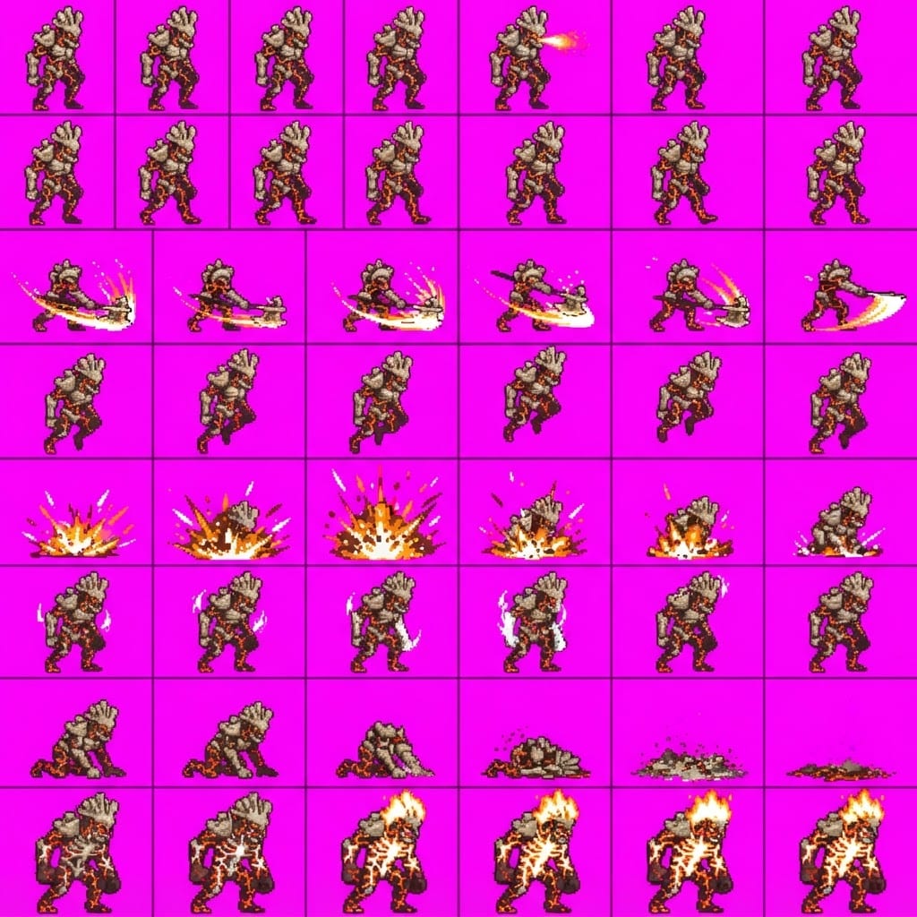 Image: STRICT sprite atlas EXACTLY 8 rows x 6 columns (48