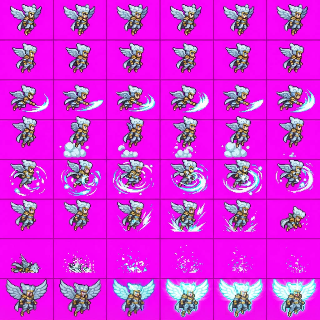 Image: STRICT sprite atlas EXACTLY 8 rows x 6 columns (48