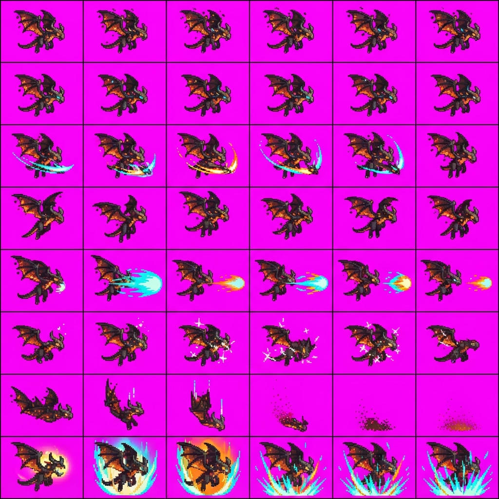 Image: STRICT sprite atlas EXACTLY 8 rows x 6 columns (48