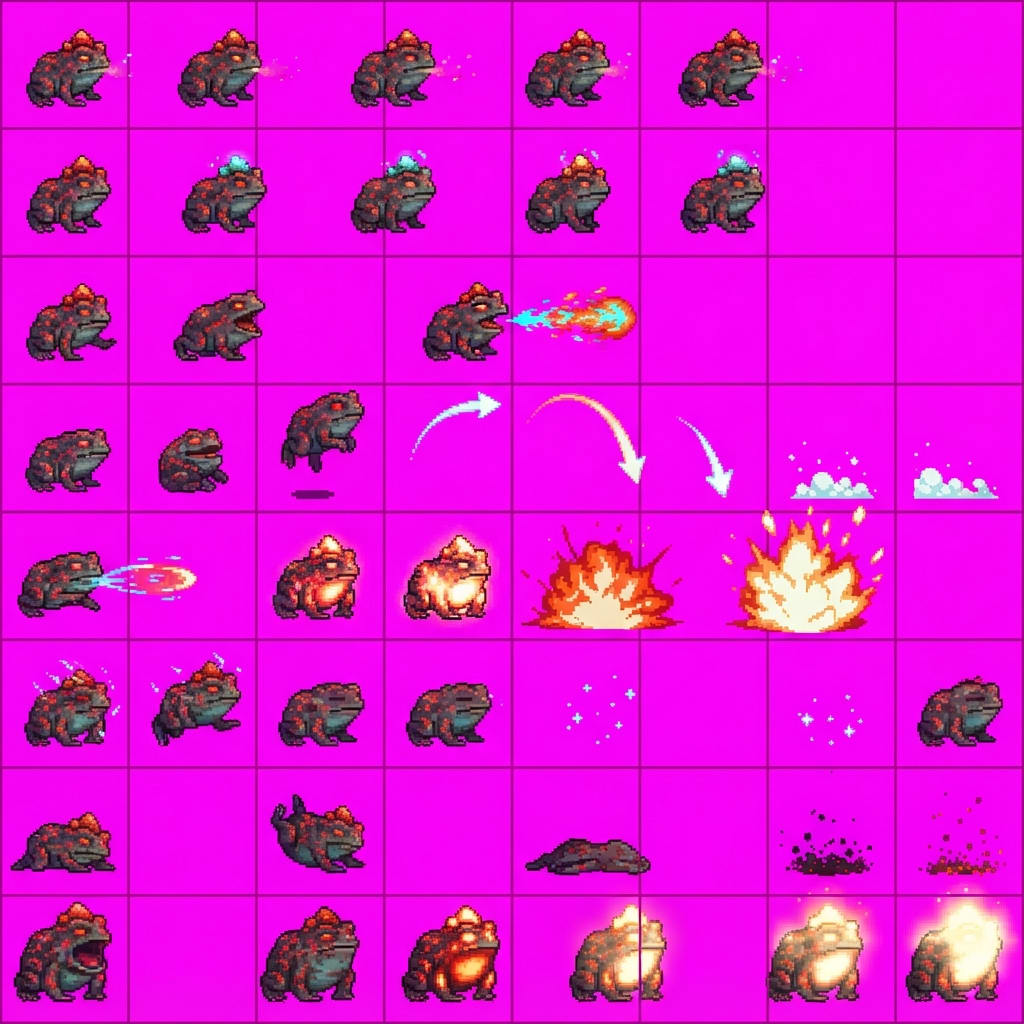 Image: STRICT sprite atlas EXACTLY 8 rows x 6 columns (48