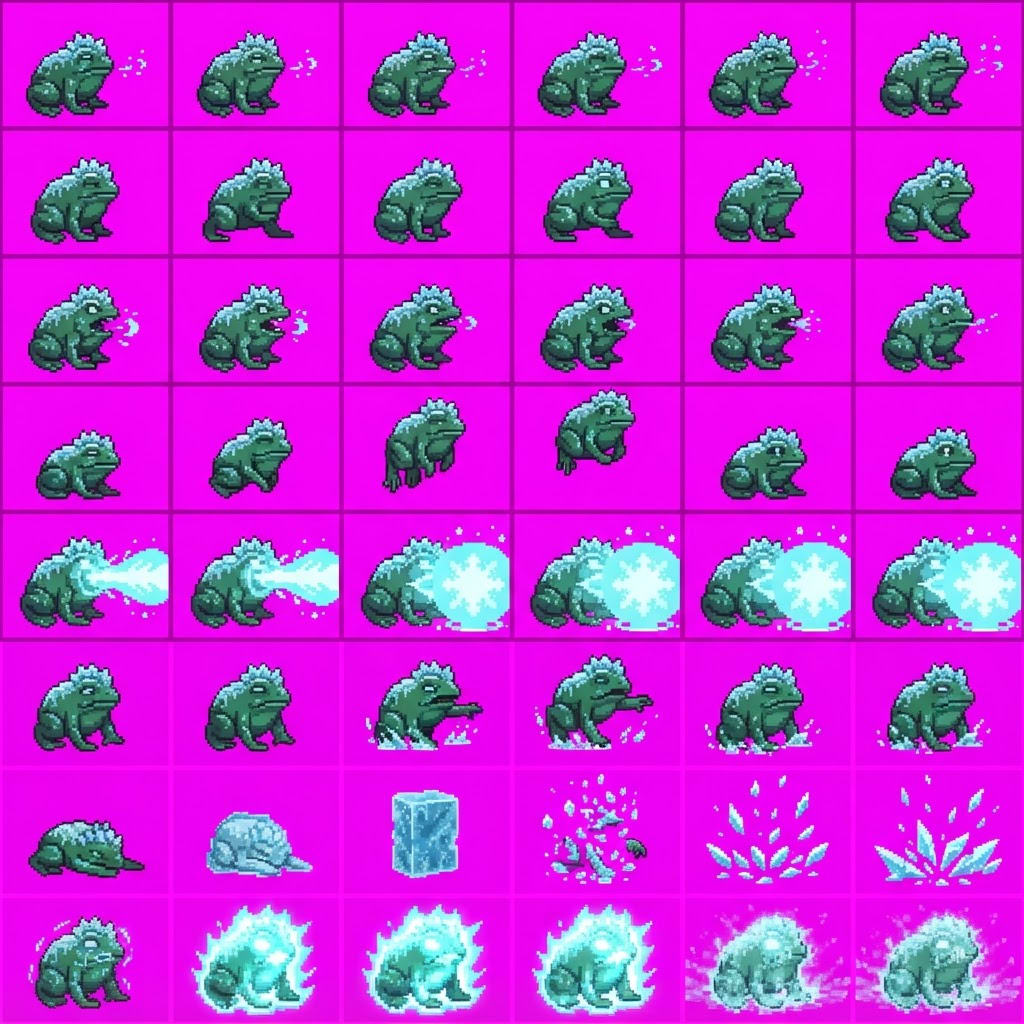 Image: STRICT sprite atlas EXACTLY 8 rows x 6 columns (48