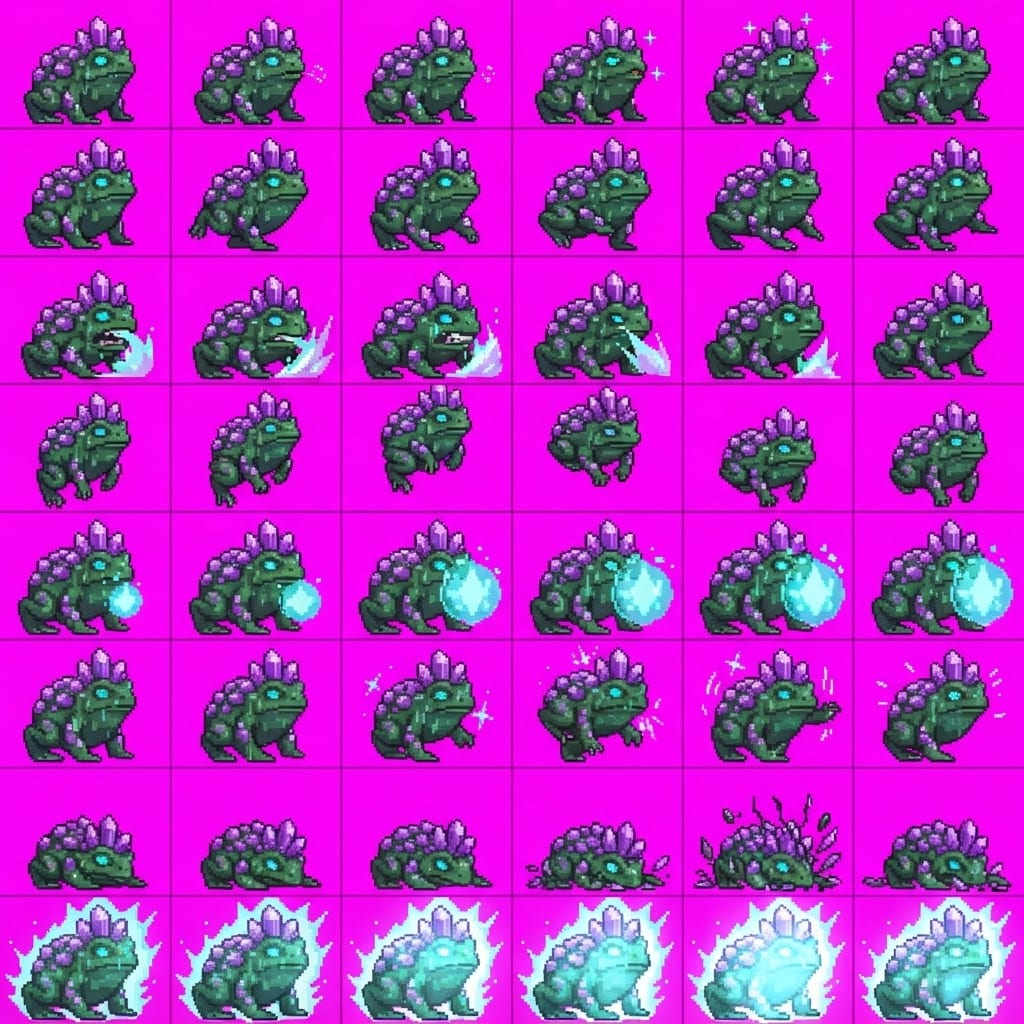 Image: STRICT sprite atlas EXACTLY 8 rows x 6 columns (48