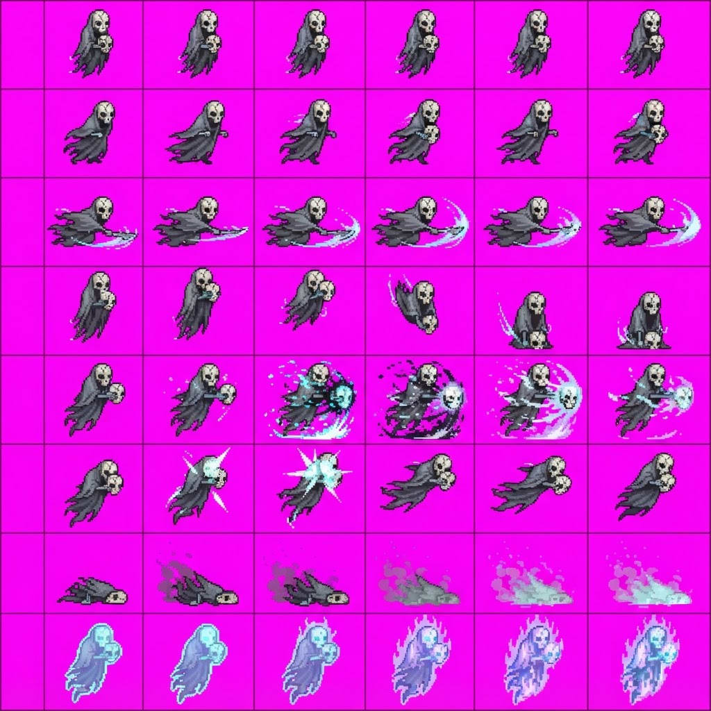 Image: STRICT sprite atlas EXACTLY 8 rows x 6 columns (48
