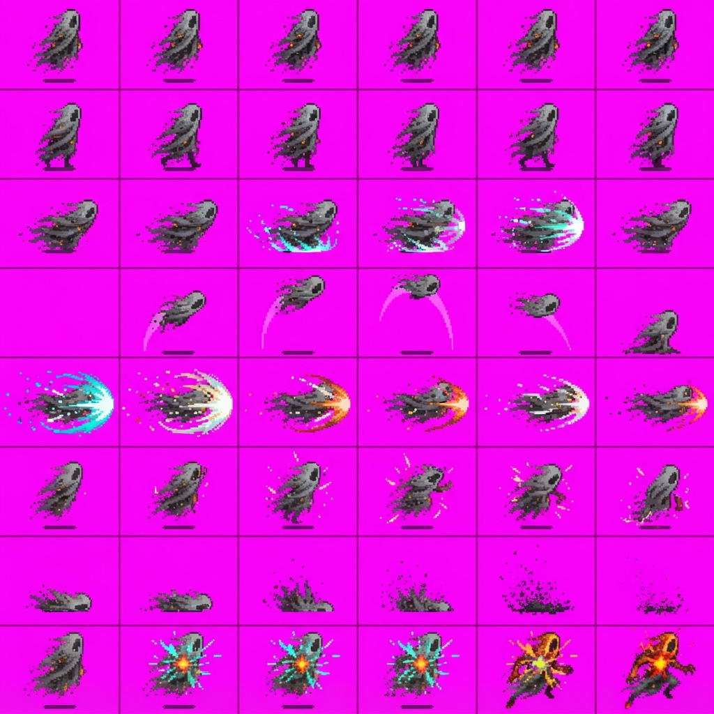Image: STRICT sprite atlas EXACTLY 8 rows x 6 columns (48