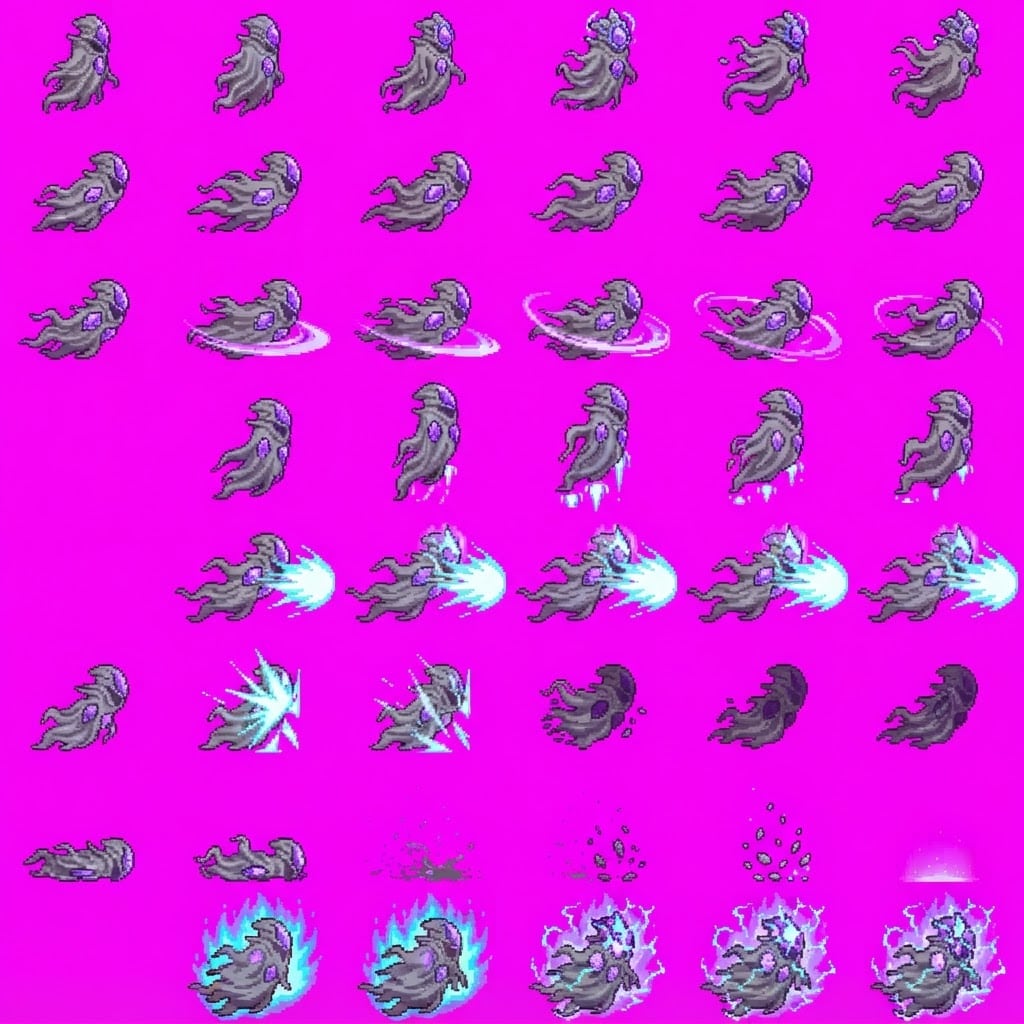 Image: STRICT sprite atlas EXACTLY 8 rows x 6 columns (48