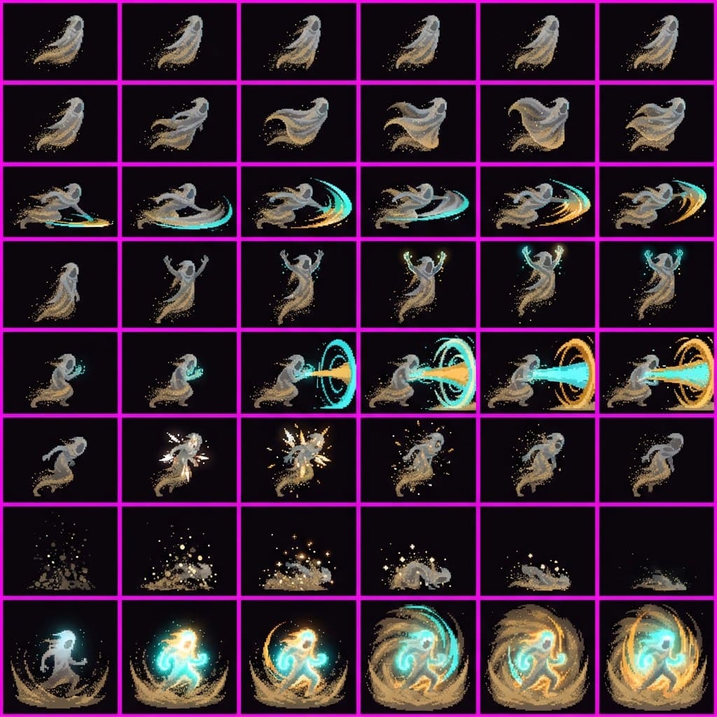 Image: STRICT sprite atlas EXACTLY 8 rows x 6 columns (48