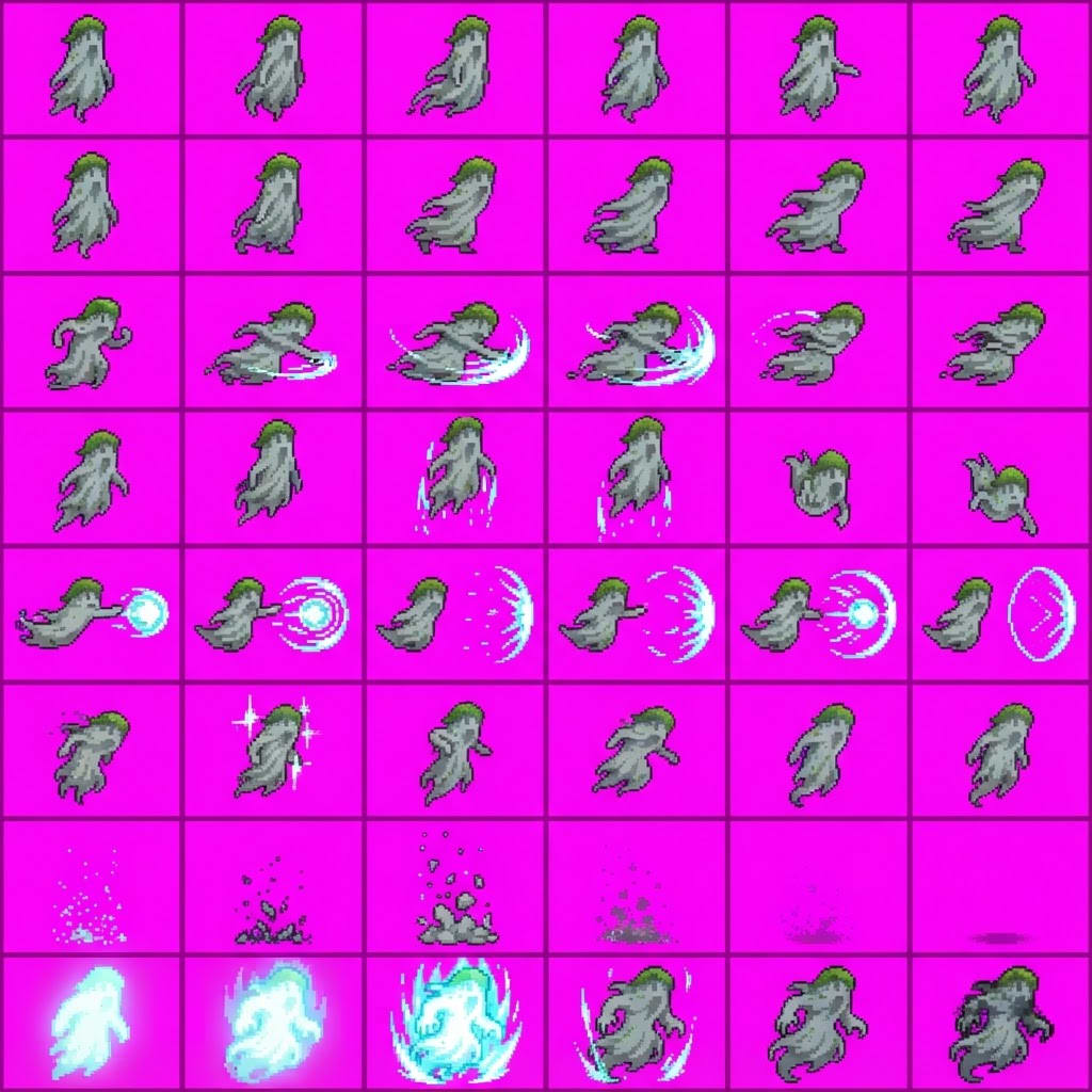 Image: STRICT sprite atlas EXACTLY 8 rows x 6 columns (48