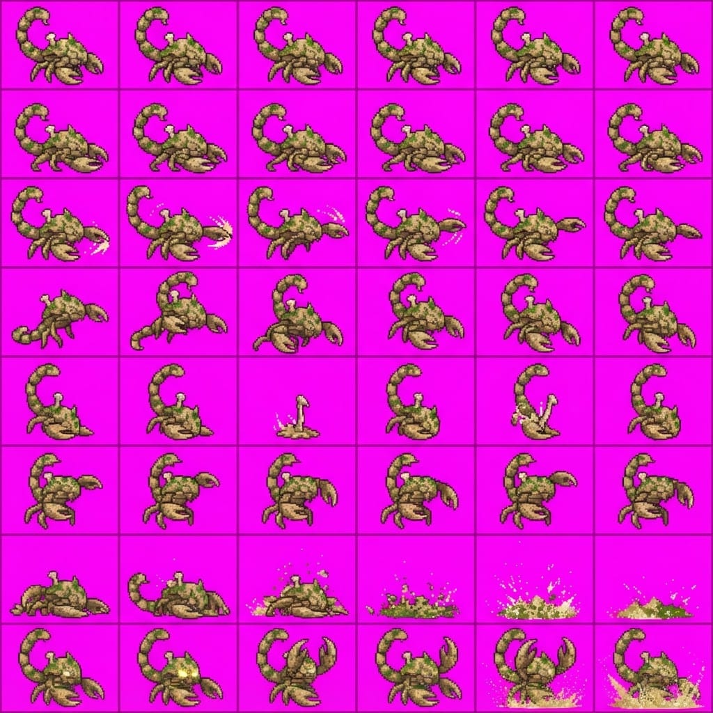 Image: STRICT game sprite animation atlas: EXACTLY 8 rows
