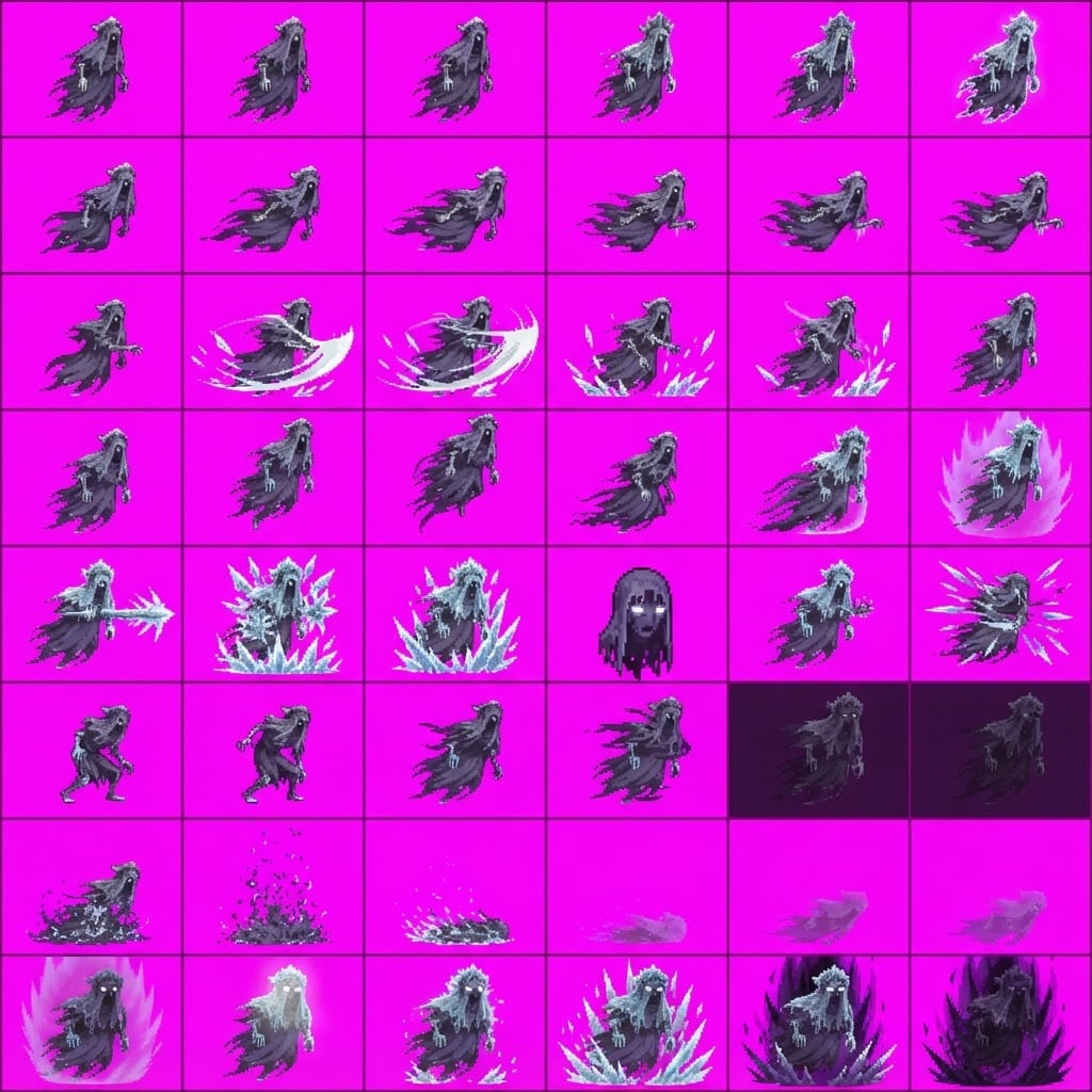 Image: STRICT game sprite animation atlas: EXACTLY 8 rows