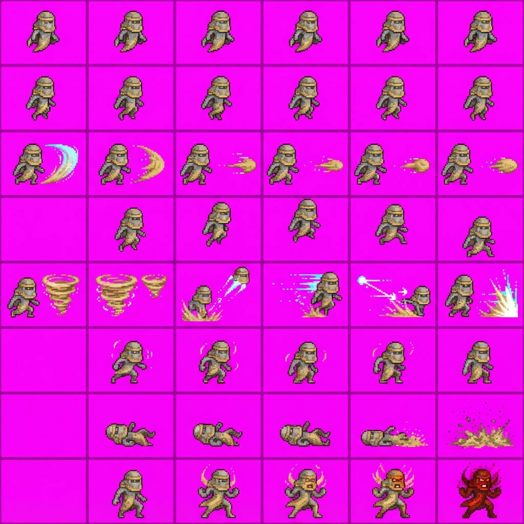 Image: STRICT sprite atlas EXACTLY 8 rows x 6 columns (48