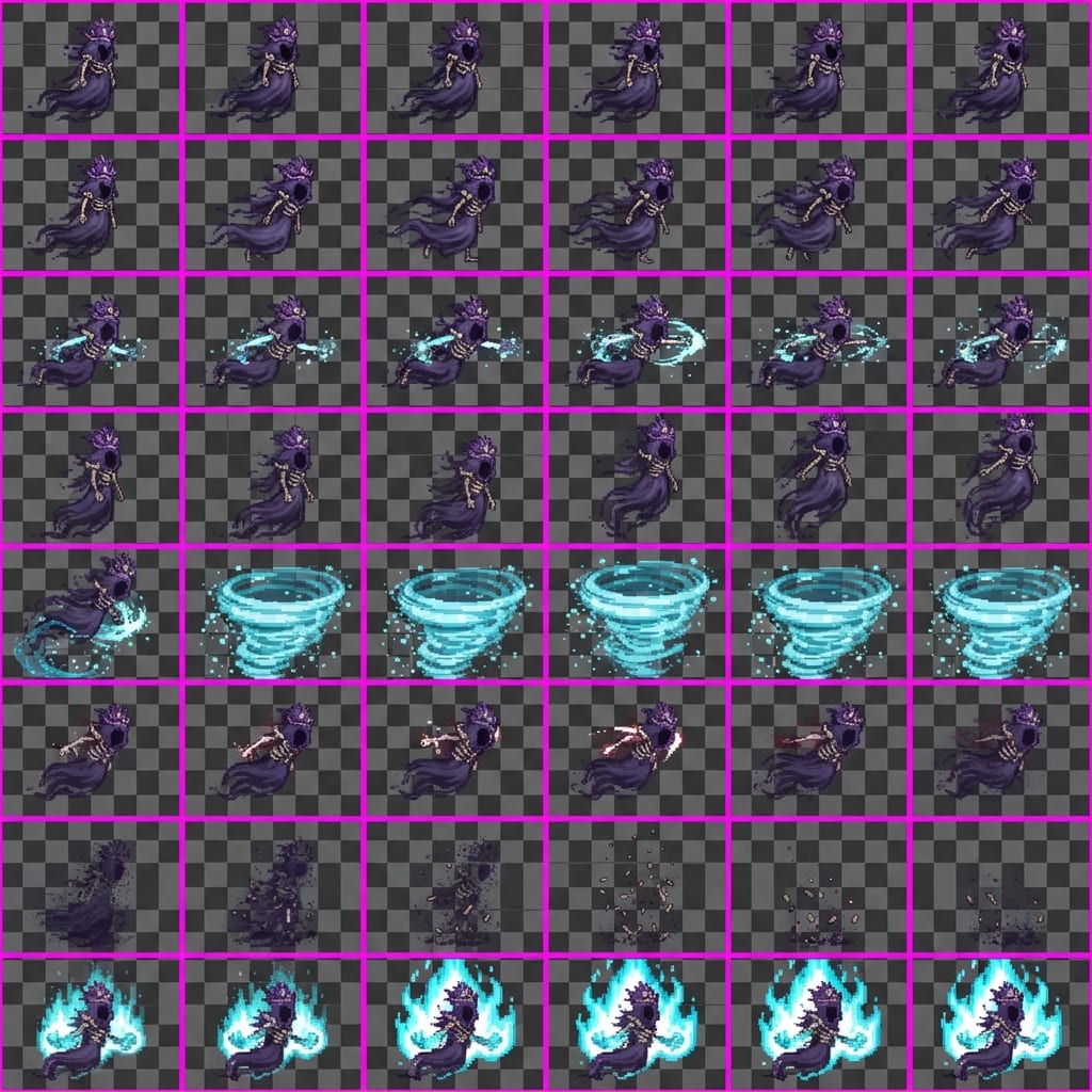 Image: STRICT game sprite animation atlas: EXACTLY 8 rows