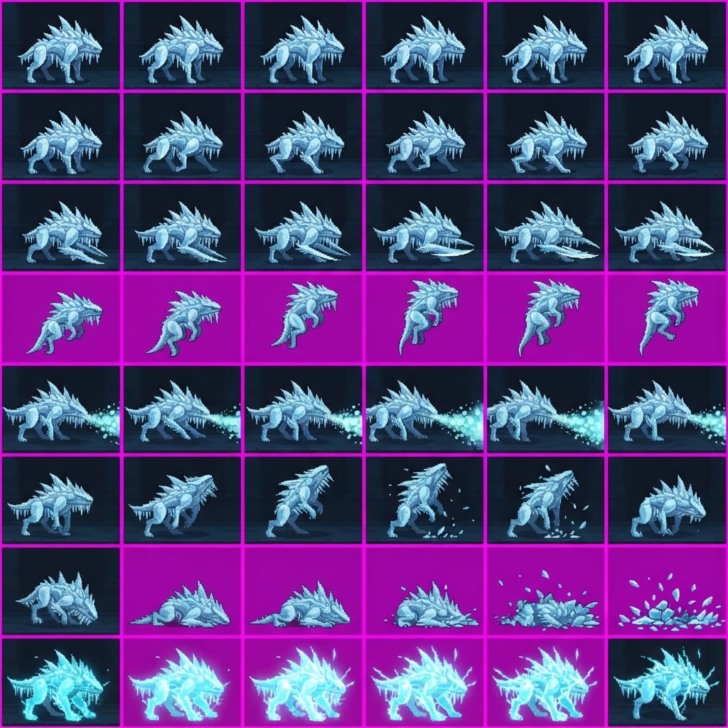 Image: STRICT game sprite animation atlas: EXACTLY 8 rows