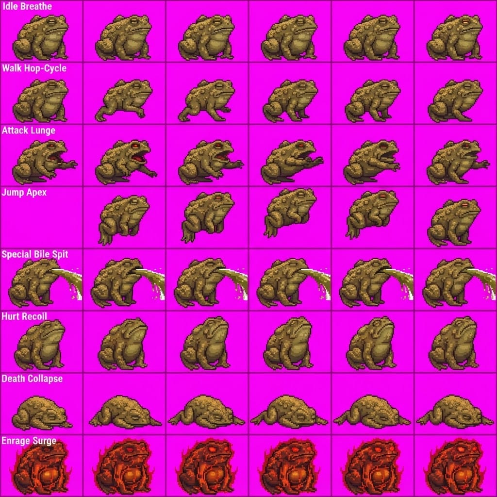 Image: STRICT game sprite animation atlas: EXACTLY 8 rows