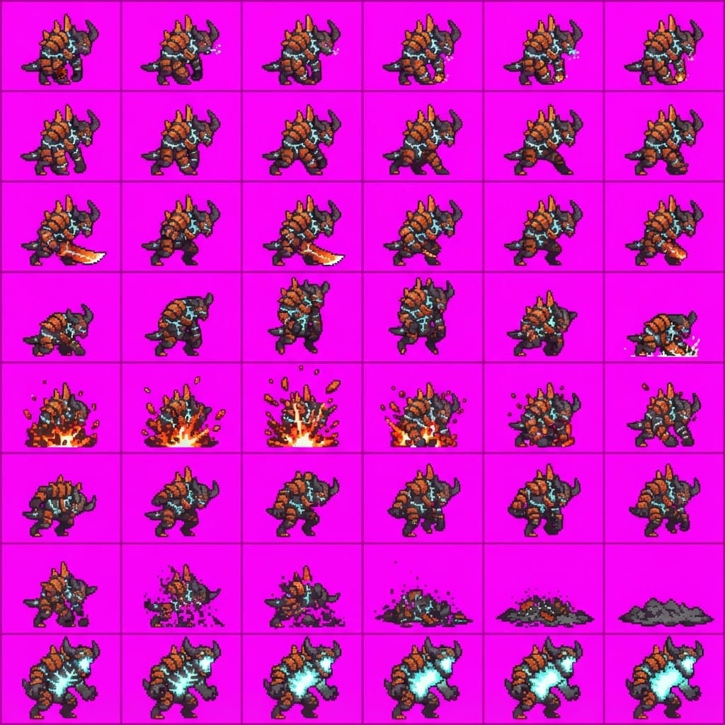 Image: STRICT game sprite animation atlas: EXACTLY 8 rows