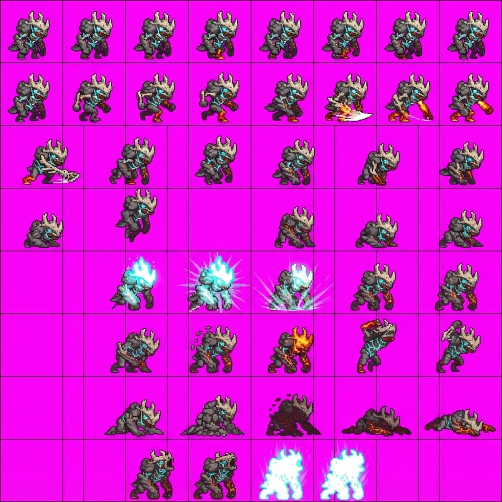 Image: STRICT game sprite animation atlas: EXACTLY 8 rows