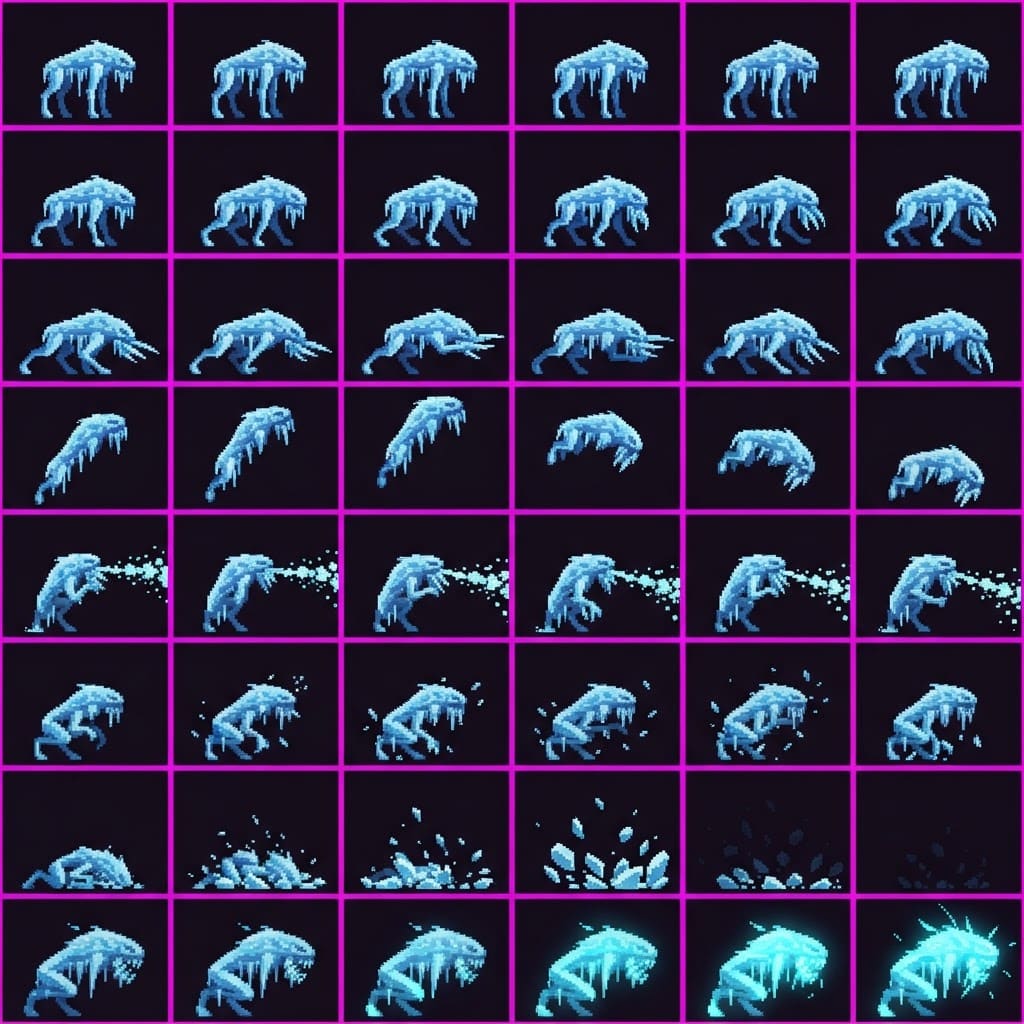 Image: STRICT game sprite animation atlas: EXACTLY 8 ROWS