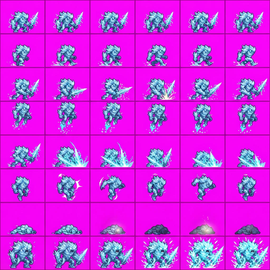 Image: STRICT game sprite animation atlas: EXACTLY 8 ROWS