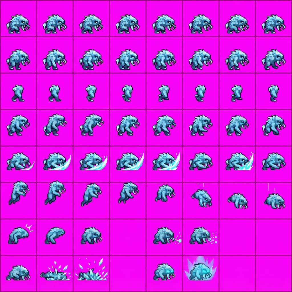 Image: STRICT sprite atlas: EXACTLY 6 COLUMNS × 8 ROWS (N
