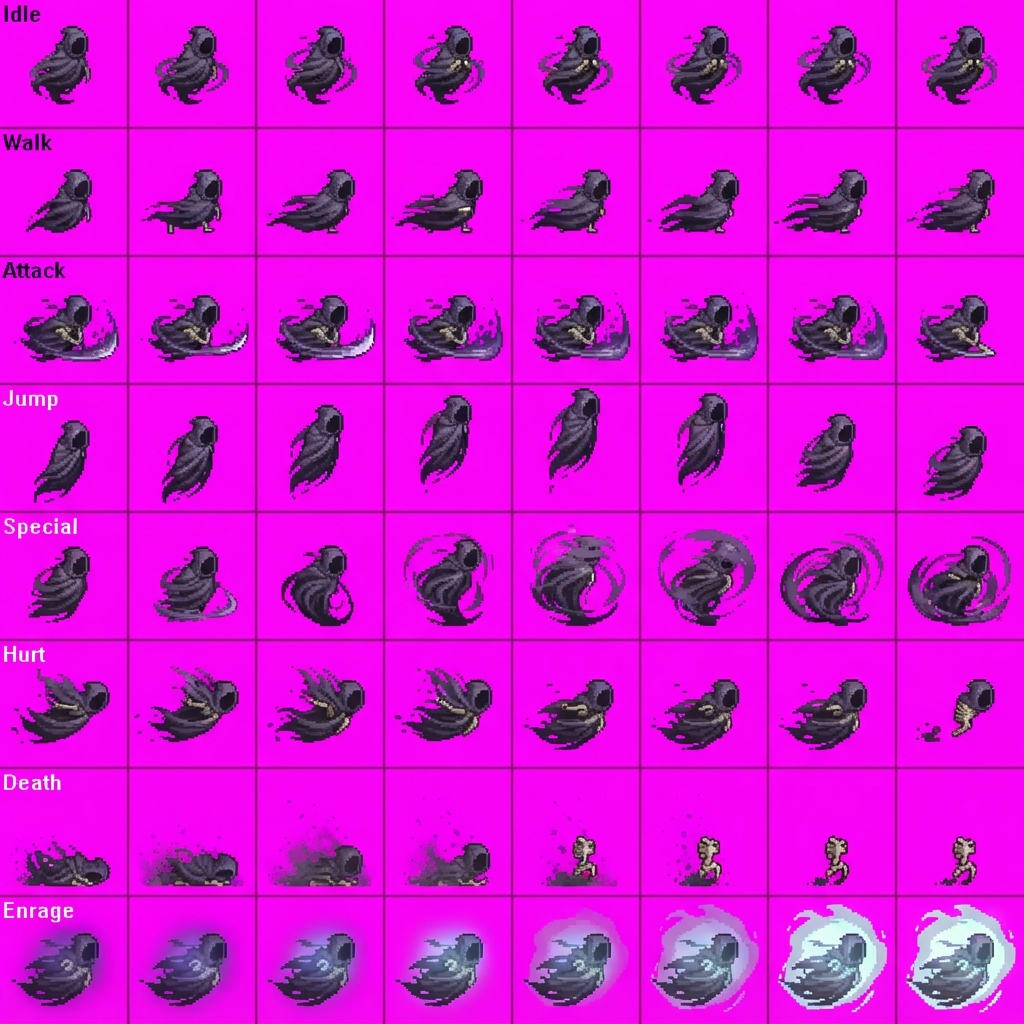 Image: STRICT game sprite animation atlas: EXACTLY 8 rows