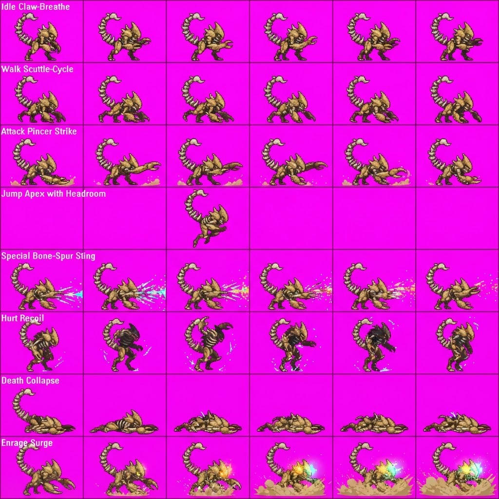 Image: STRICT game sprite animation atlas: EXACTLY 8 rows