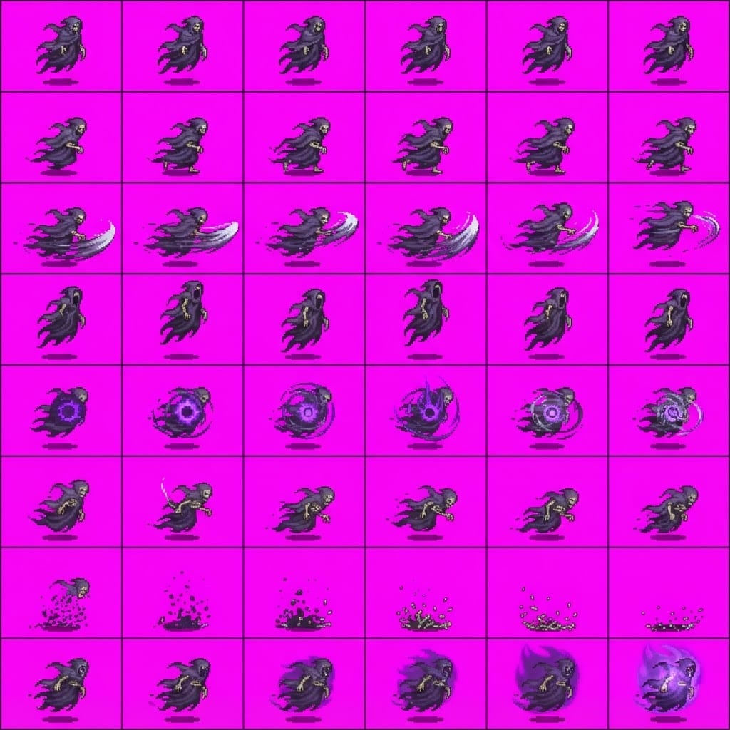 Image: STRICT game sprite animation atlas: EXACTLY 8 rows