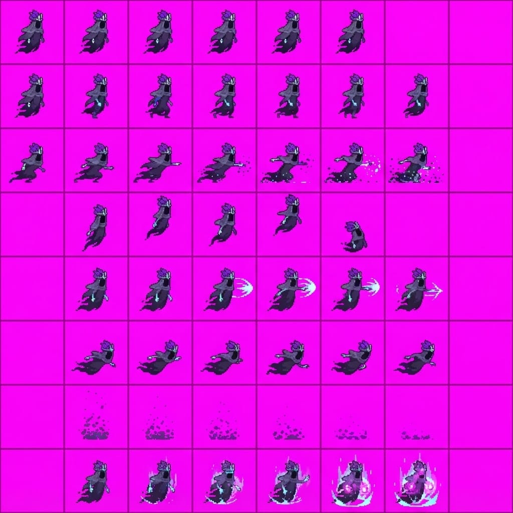 Image: STRICT game sprite animation atlas: EXACTLY 8 rows