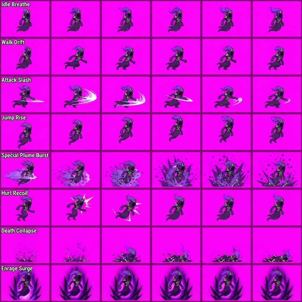 Image: STRICT game sprite animation atlas: EXACTLY 8 rows