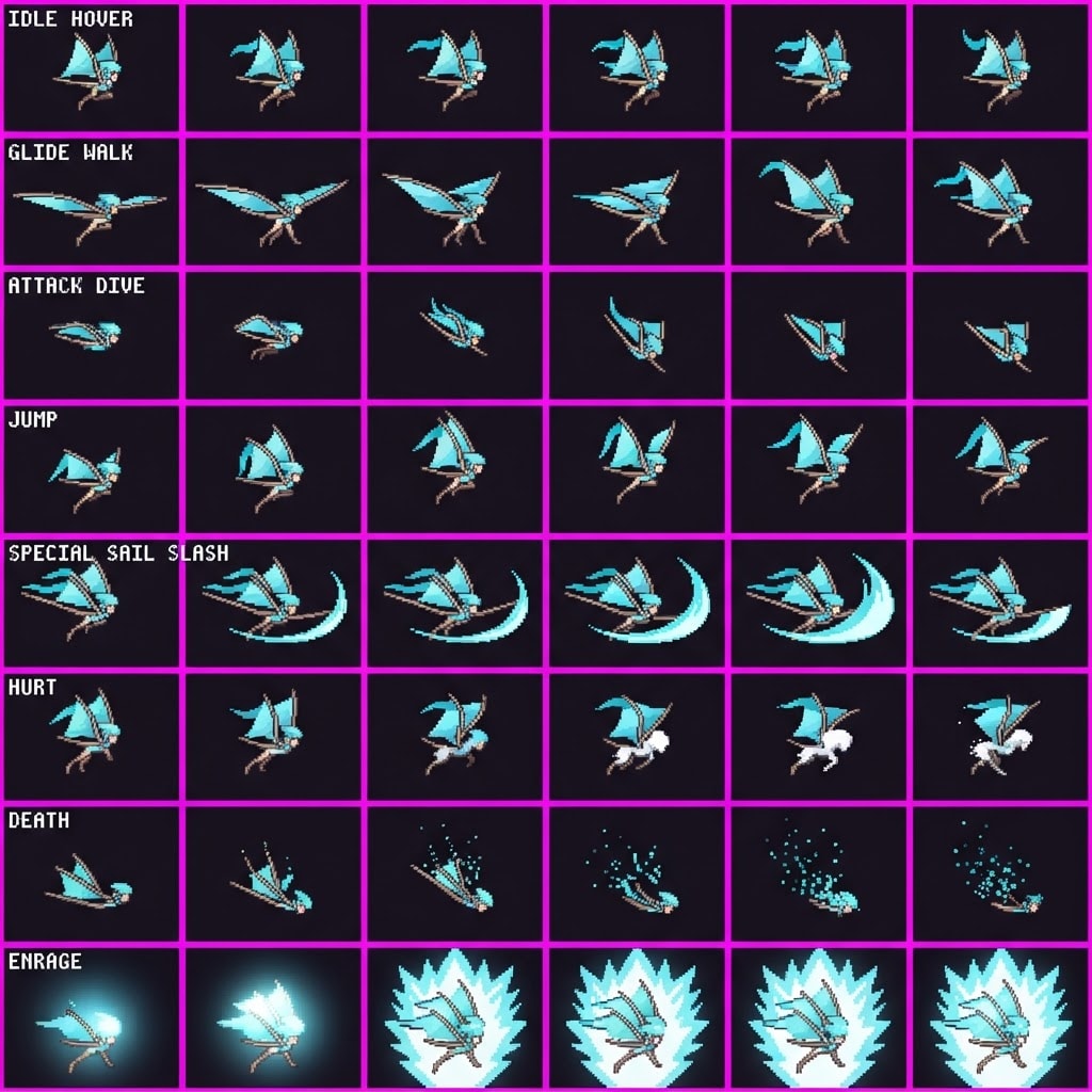Image: STRICT sprite atlas EXACTLY 6 columns × 8 rows, 48