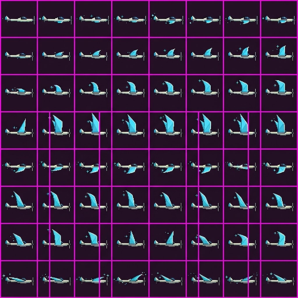 Image: STRICT sprite atlas EXACTLY 6 columns × 8 rows, AL