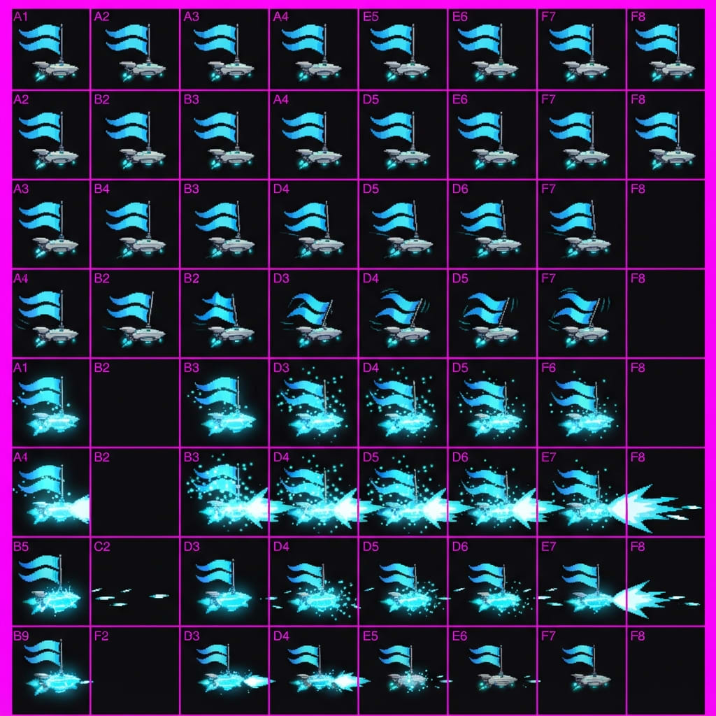 Image: STRICT 6×8 sprite atlas, 48 cells all filled. Port