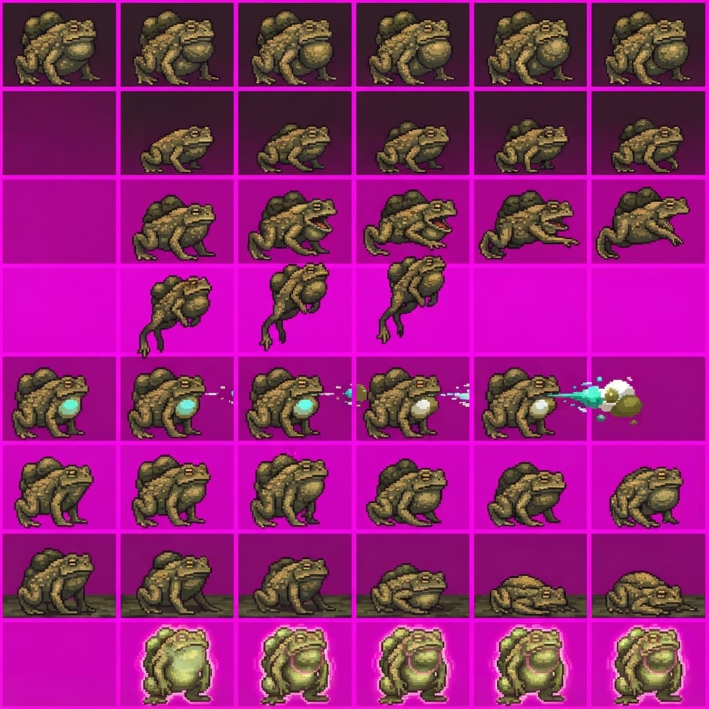 Image: STRICT game sprite animation atlas: EXACTLY 8 rows