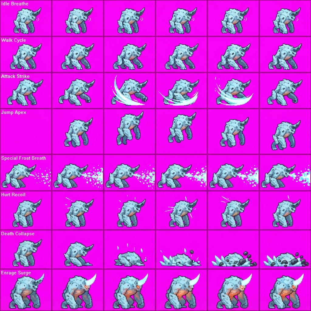 Image: STRICT game sprite animation atlas: EXACTLY 8 rows