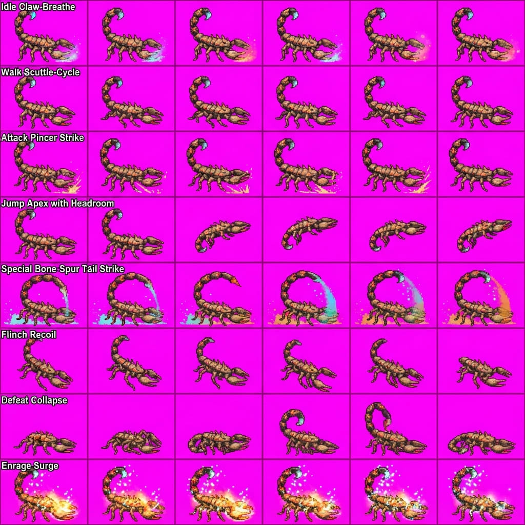 Image: STRICT game sprite animation atlas: EXACTLY 8 rows